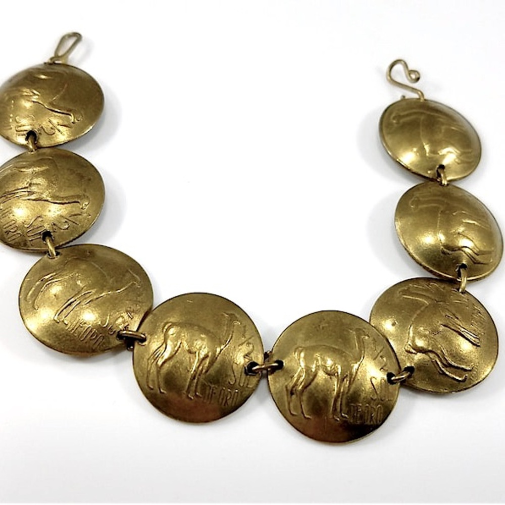 1970s VINTAGE Peruvian Coin Bracelet Llama Sol De Oro Peru